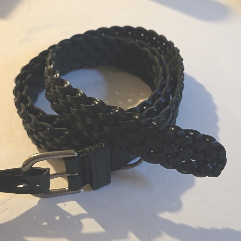 Womens Black Leather Braided Woven  Belt Silver Buckle Minimalist Sz.Xl